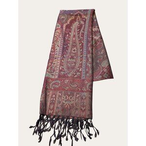 Vintage-Inspired Paisley Pattern Scarf With Fringe Blue & Purple Tones